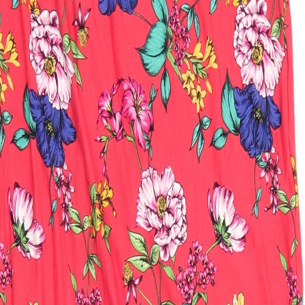 Brand and care label for Dorothy Perkins women’s red floral straight & pencil skirt, size UK 8, - calf length