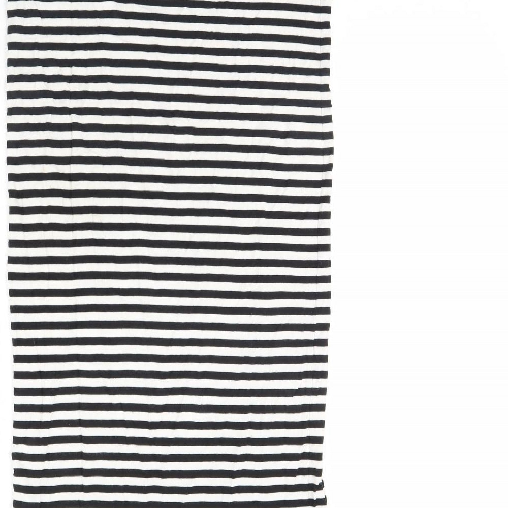 Brand and care label for Miss Selfridge women’s white striped flare skirt, size UK 10