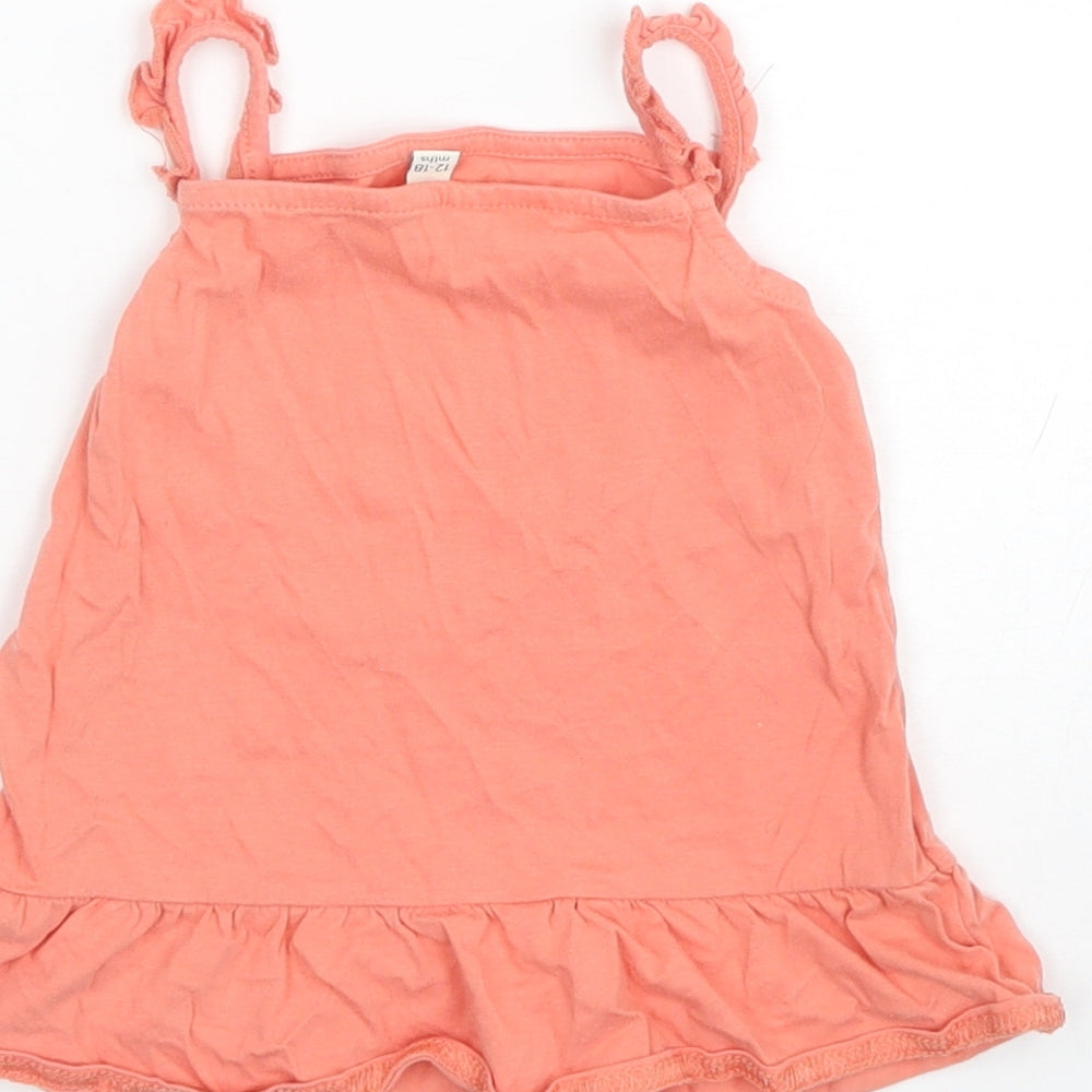 Brand and care label for H&M girls’ orange basic tank, size 12-18, months