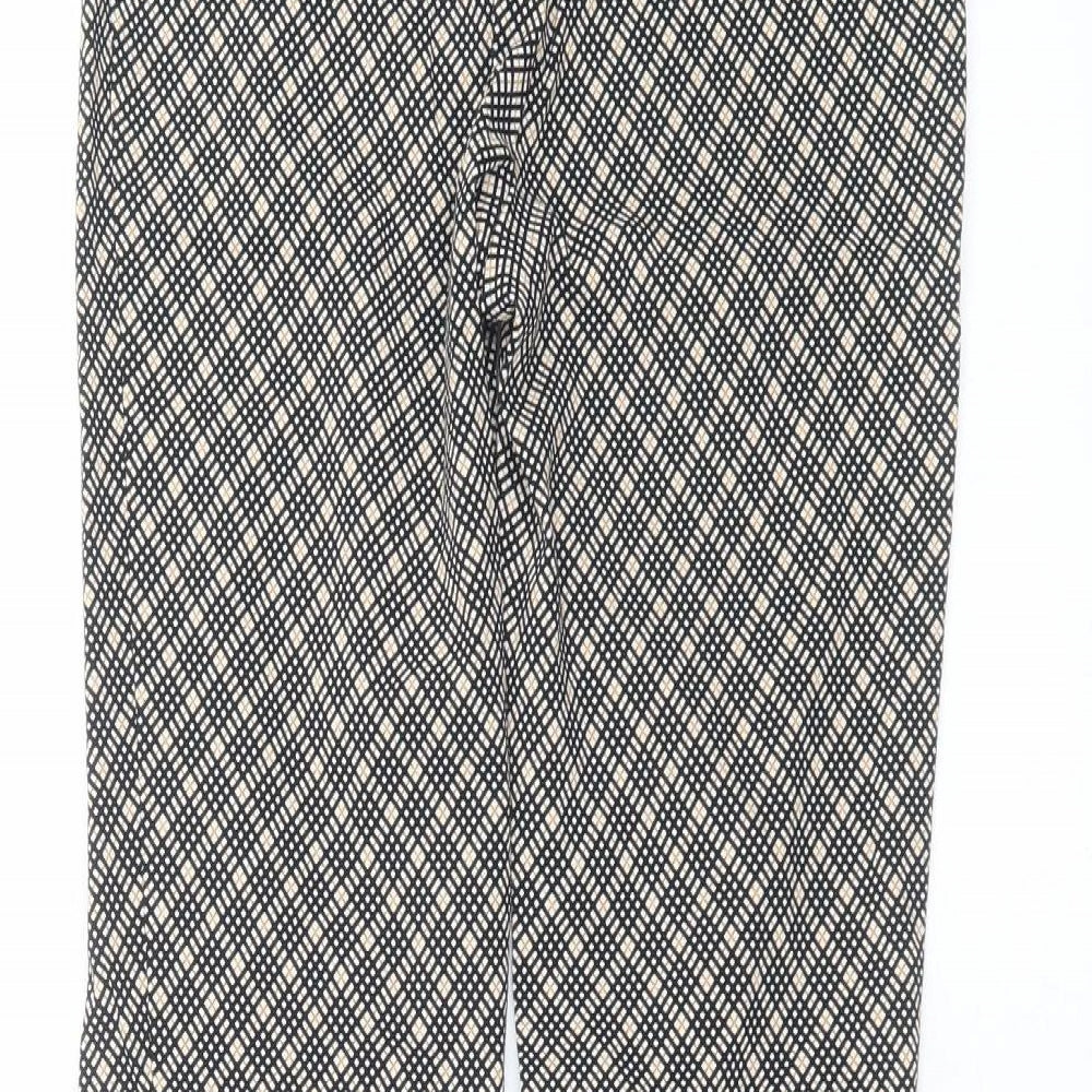 Brand and care label for Primark women’s black geometric trousers, size UK 10, 27-inch leg