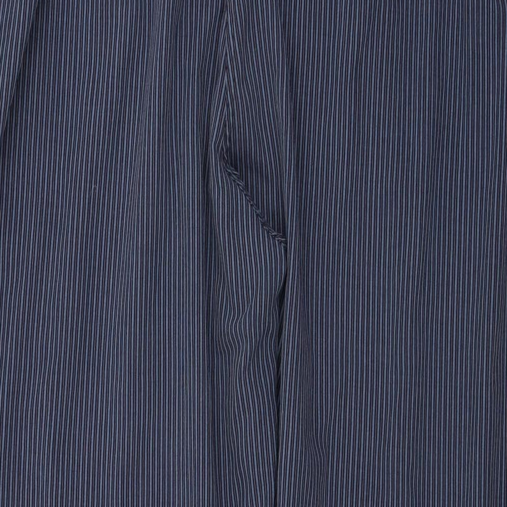 Brand and care label for Debenhams men’s grey striped trousers, size L, 28-inch leg