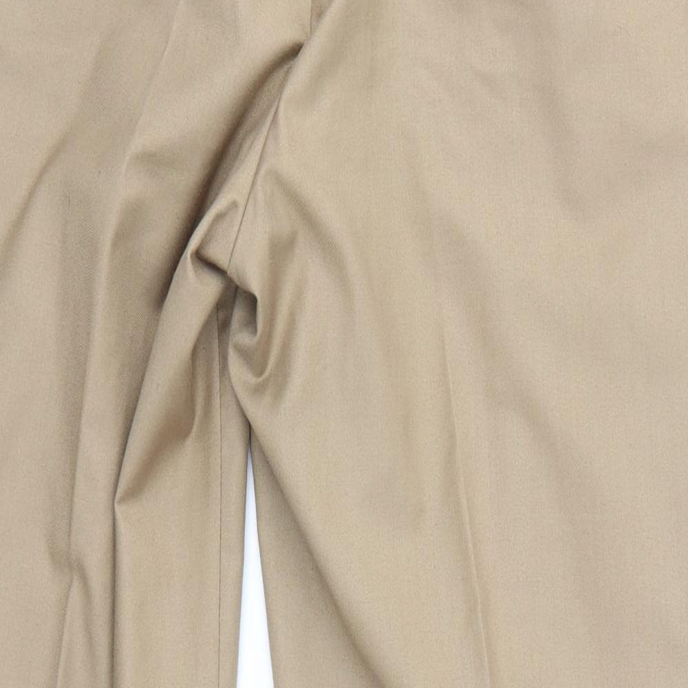 Brand and care label for Skopes men’s brown dress pants trousers, size 36, in, 27-inch leg