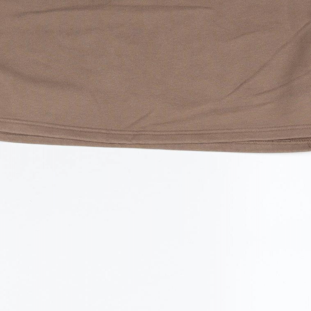 Brand and care label for SHEIN women’s brown pullover sweatshirt, size M