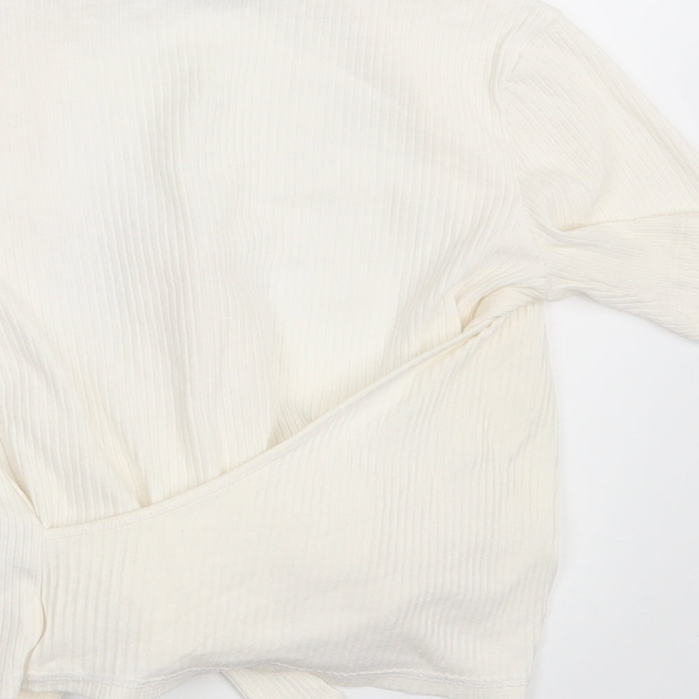 Brand and care label for Zara women’s ivory pullover sweatshirt, size S