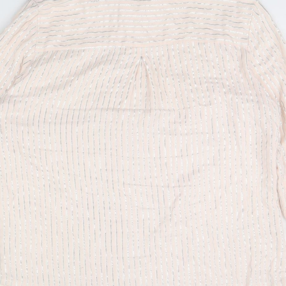 Brand and care label for Bonmarché women’s pink striped basic button-up, size UK 18