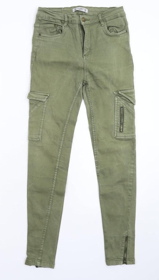 Additional front view of Pull&Bear women’s green denim skinny jeans, size UK 26, in, 26-inch leg