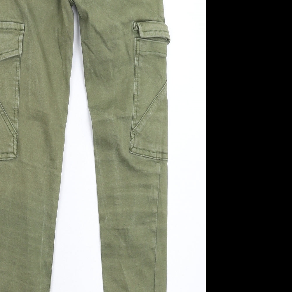 Brand and care label for Pull&Bear women’s green denim skinny jeans, size UK 26, in, 26-inch leg