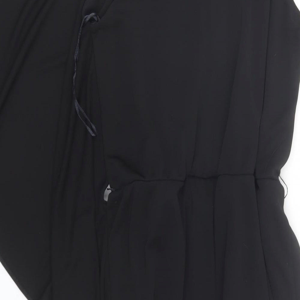 Brand and care label for River Island women’s black wrap dress, size UK 8