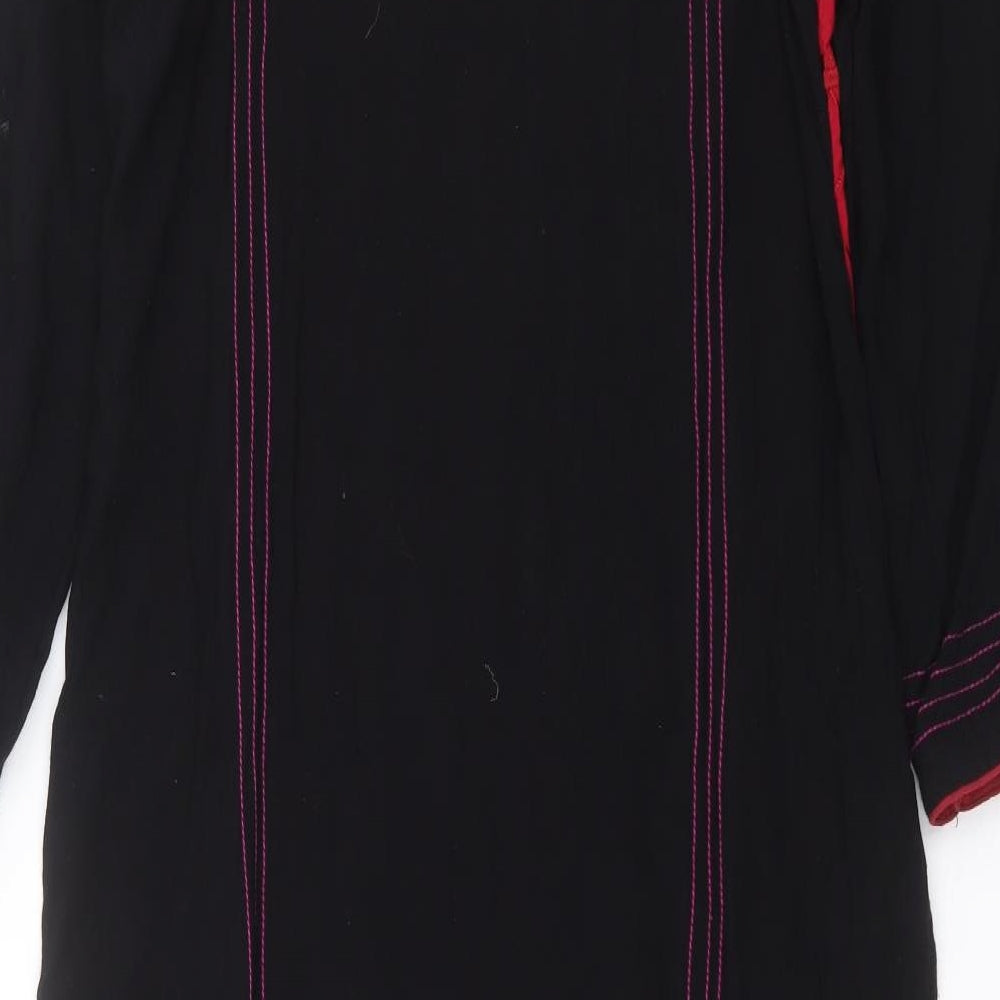 Brand and care label for Bushra Khan women’s red geometric shift, size M