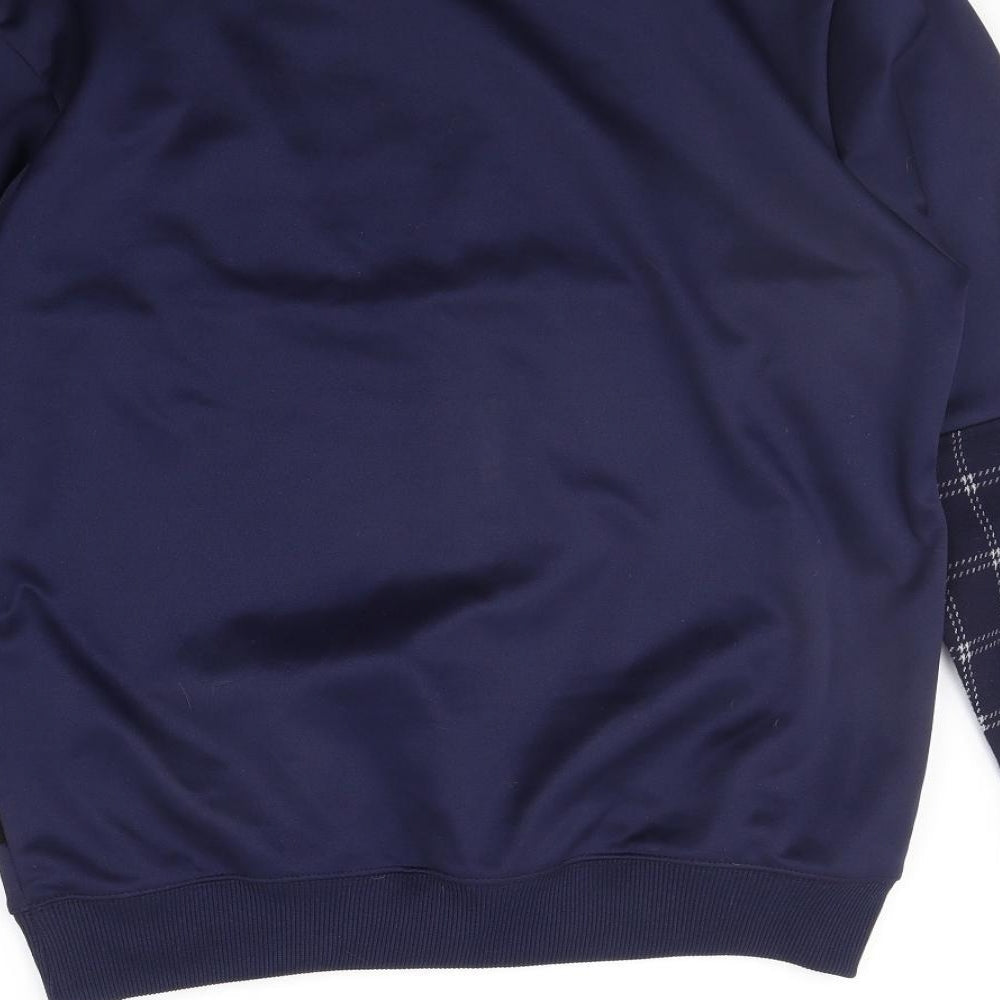 Brand and care label for Bravo men’s blue check jumper, size XL