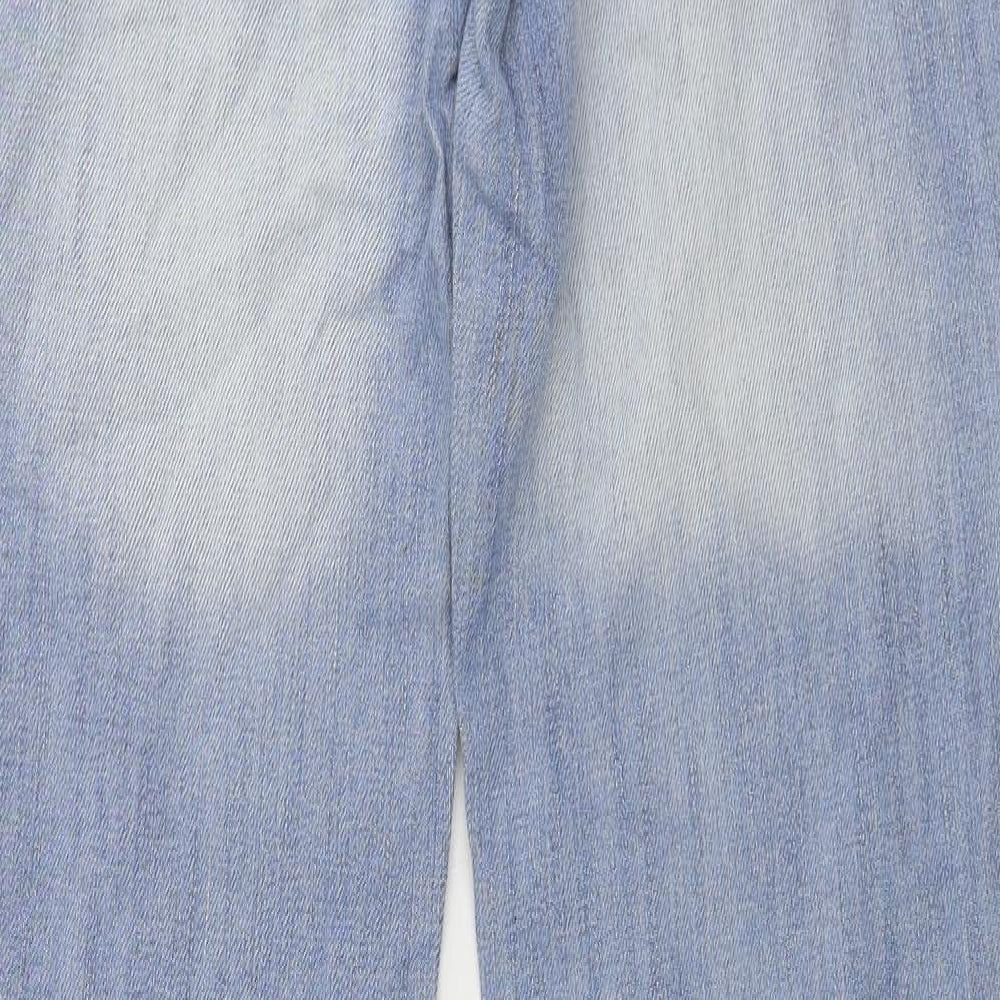 Brand and care label for Promod women’s blue straight jeans, size UK 32, in, 30-inch leg