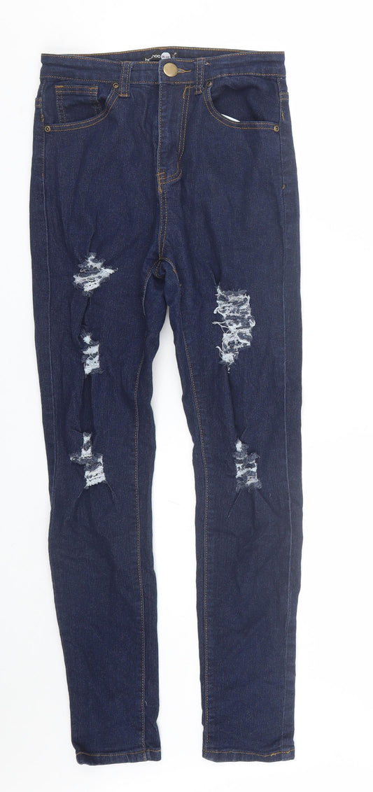 Additional front view of Boohoo women’s blue denim skinny jeans, size UK 8, 26-inch leg