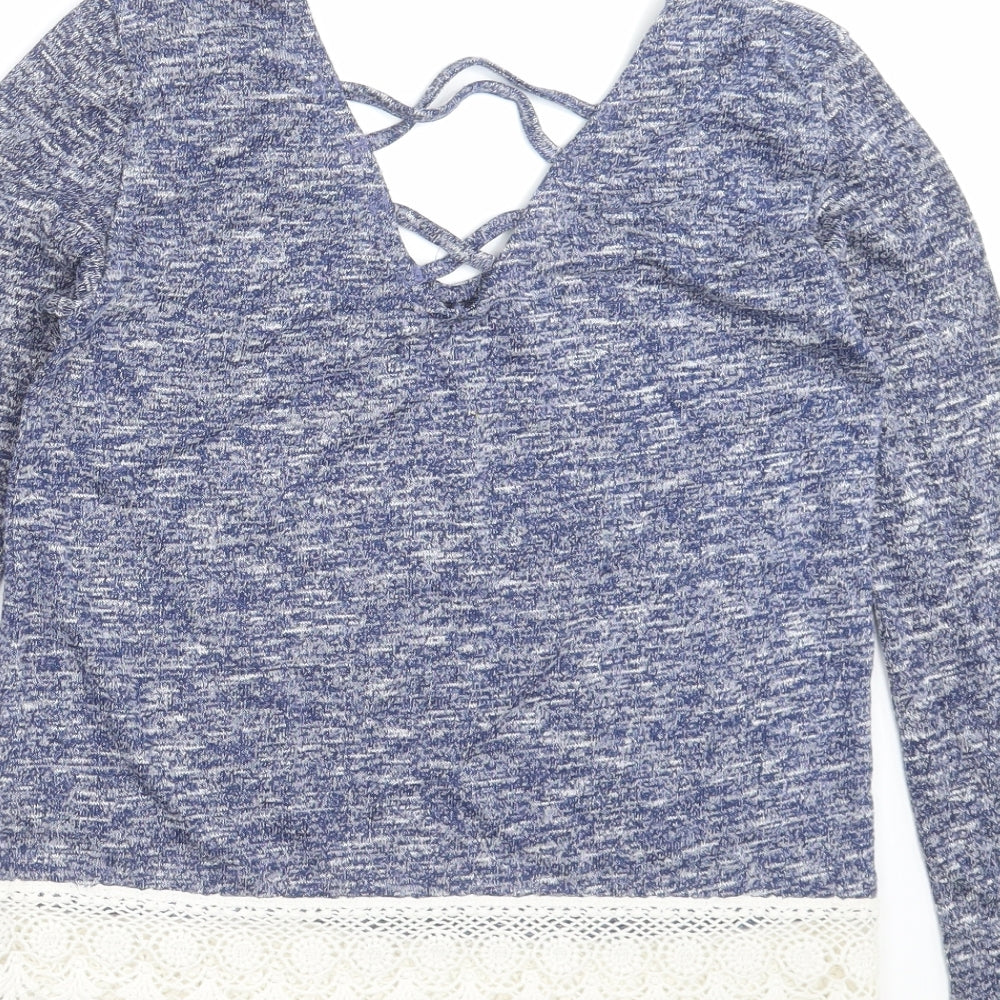 Brand and care label for Preworn women’s blue knit jumper, size UK 8, - crochet hem