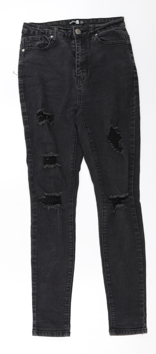 Additional front view of Boohoo women’s black denim skinny jeans, size UK 8, 28-inch leg