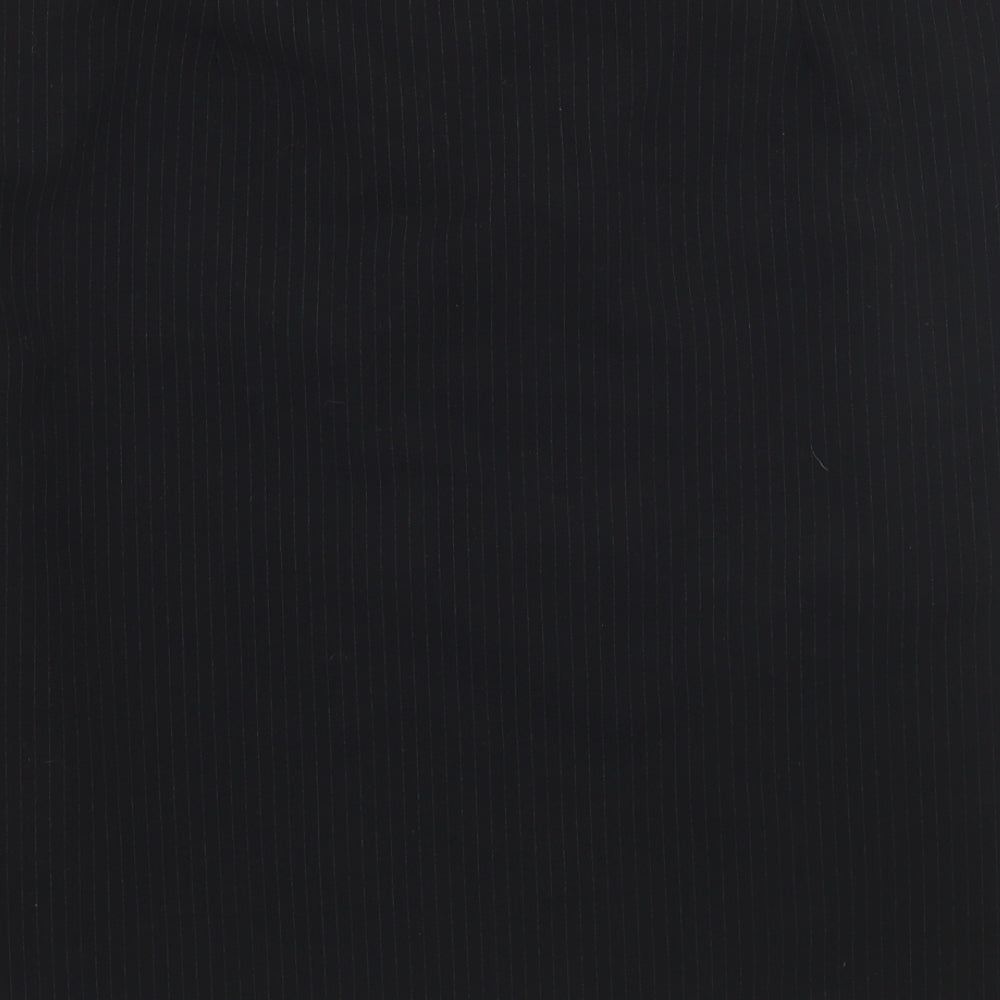 Brand and care label for Preworn women’s black striped rayon a-line skirt, size UK 12