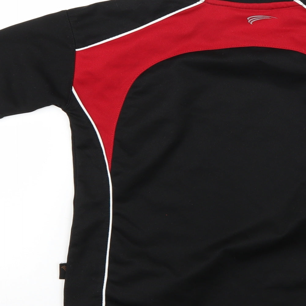 Brand and care label for Falcon men’s black striped polo, size XS