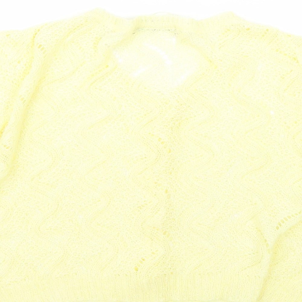 Brand and care label for Atmosphere women’s yellow cardigan jumper, size UK 10