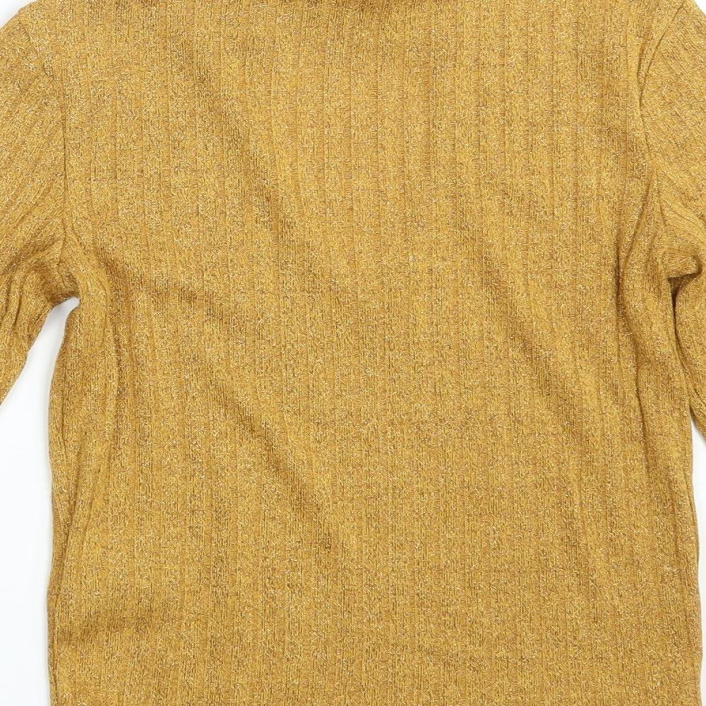 Brand and care label for H&M women’s gold pullover sweatshirt, size S