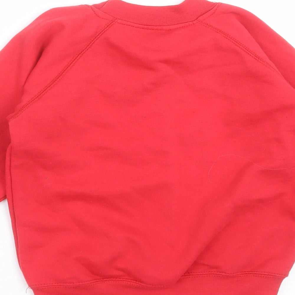 Brand and care label for Sheldon boys’ red pullover sweatshirt, size 3-4, years - schoolwear