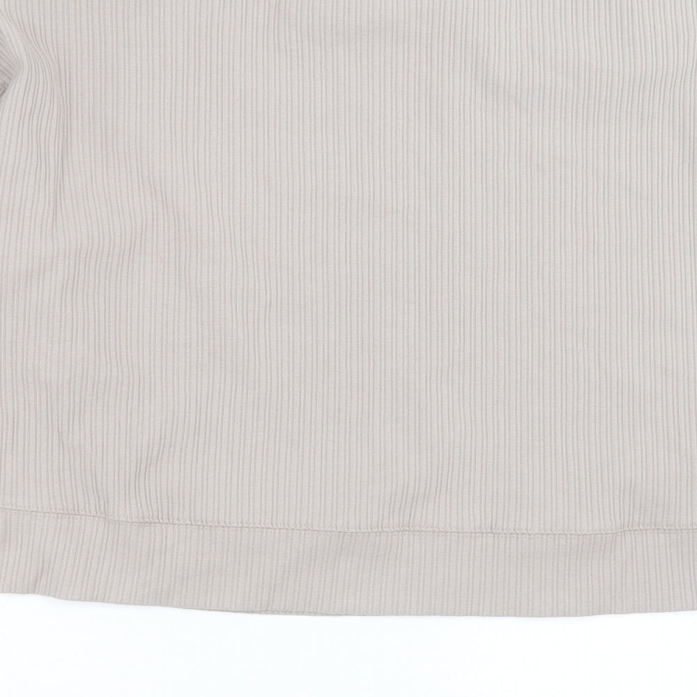 Brand and care label for H&M women’s grey striped pullover sweatshirt, size S, - cropped