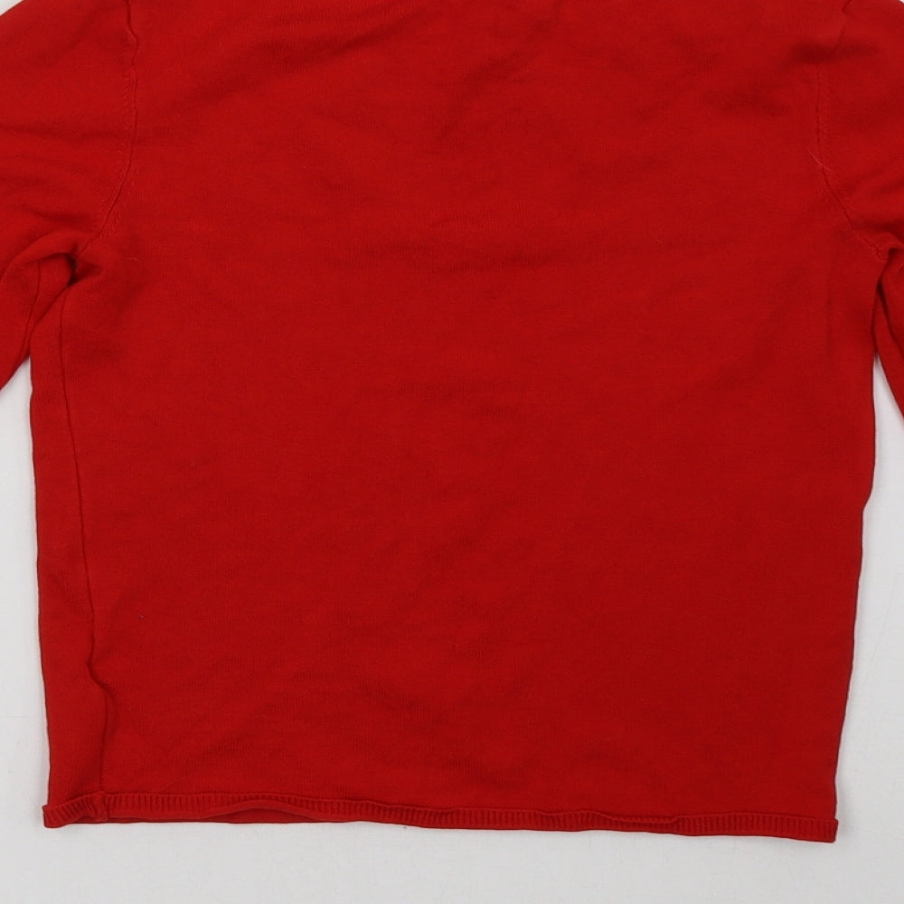 Brand and care label for H&M women’s red pullover sweatshirt, size S