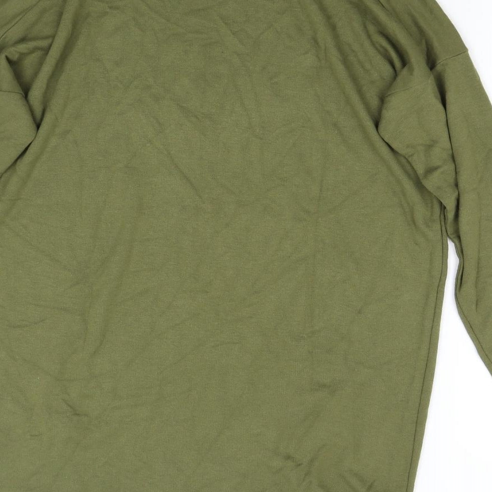 Brand and care label for Topshop women’s green pullover sweatshirt, size UK 8