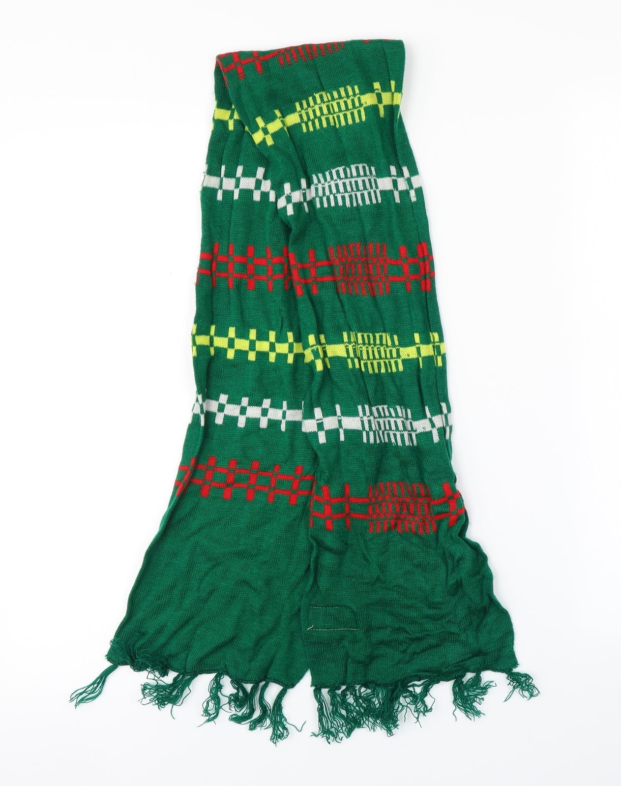 Front view of Preworn unisex green check scarf one size