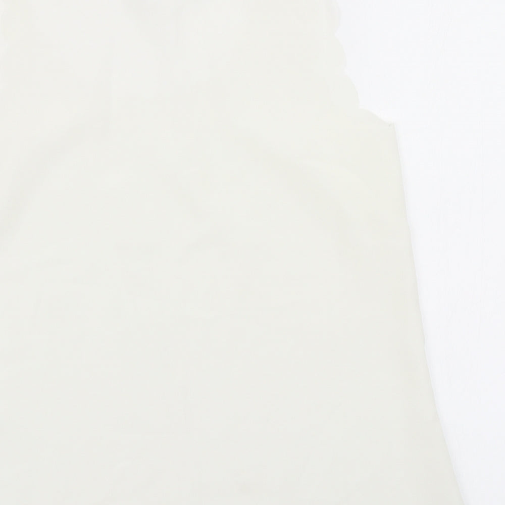 Brand and care label for OPasis women’s ivory basic blouse, size UK 10, - scalloped hem