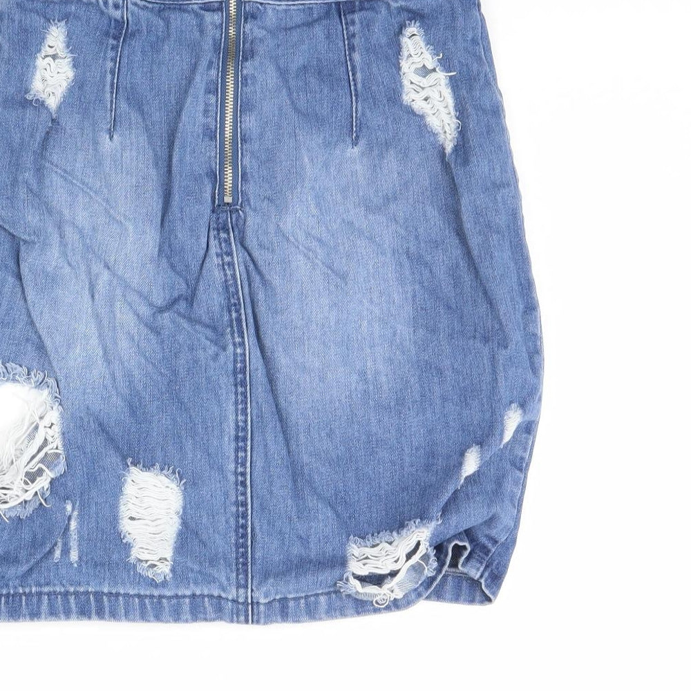 Brand and care label for Missguided women’s blue denim mini skirt, size UK 8