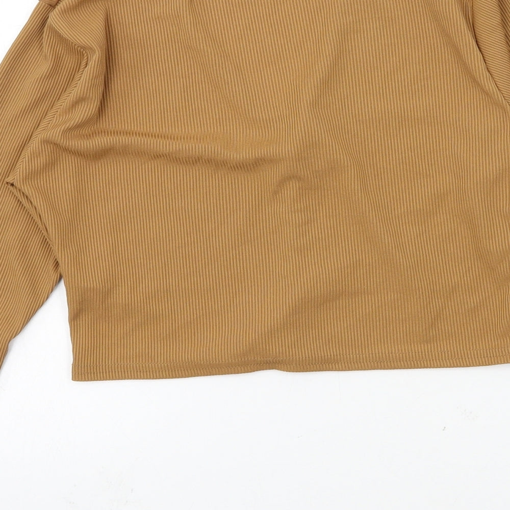Brand and care label for Tu women’s brown jersey cardigan jumper, size M