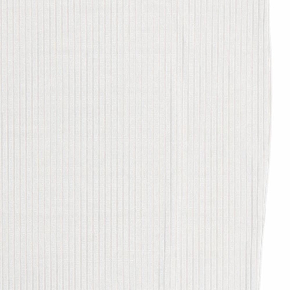 Brand and care label for Boohoo women’s grey flare skirt, size UK 10, - stretch waistband