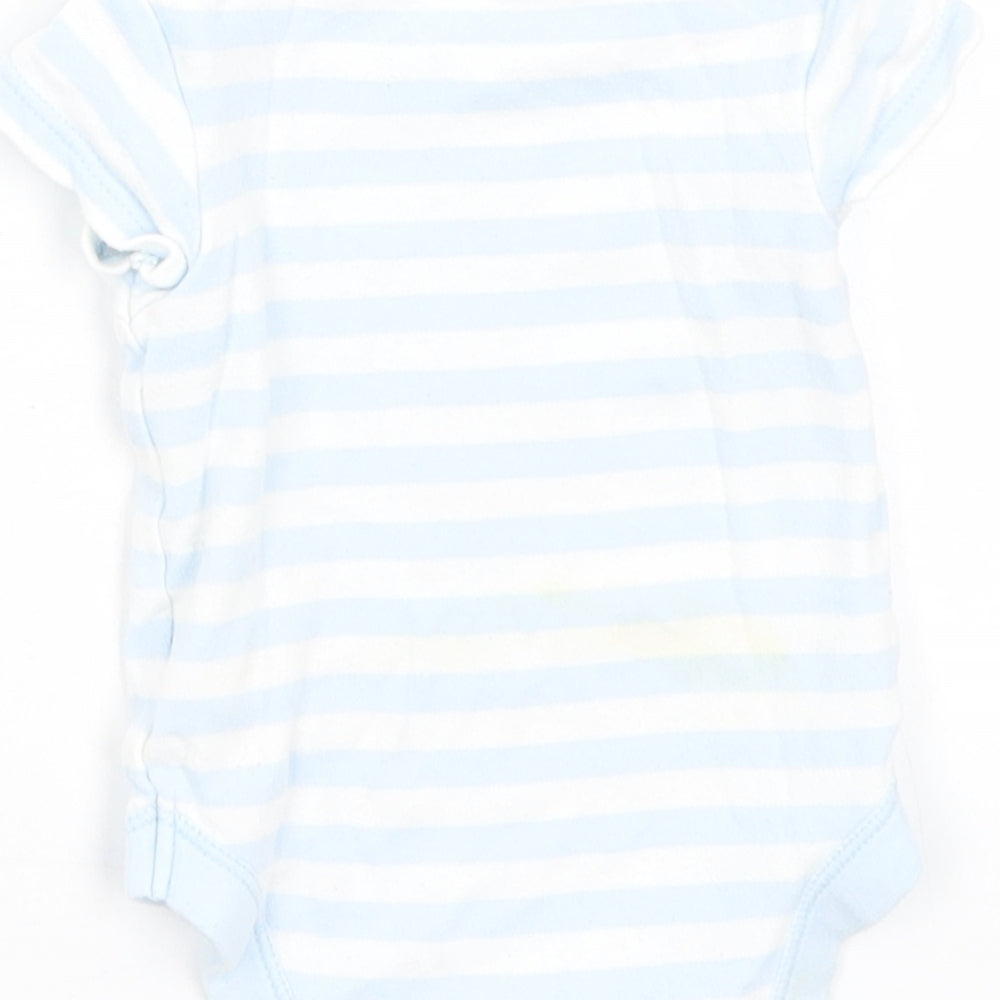 Brand and care label for Marks & Spencer Baby Blue Striped Romper One-Piece, size 0-3, Months