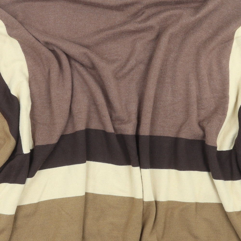 Brand and care label for Cruz women’s brown striped knit cape jumper, size M