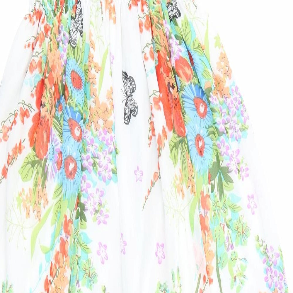 Mei Na Fashion Womens Ivory Floral Maxi - Elasticated Bodice Half lined Blue Orange Flowers