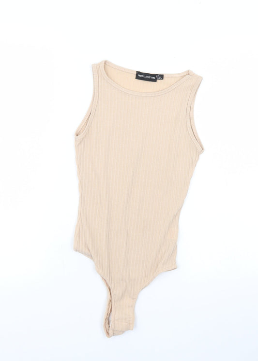Additional front view of PRETTYLITTLETHING women’s beige bodysuit one-piece, size UK 4