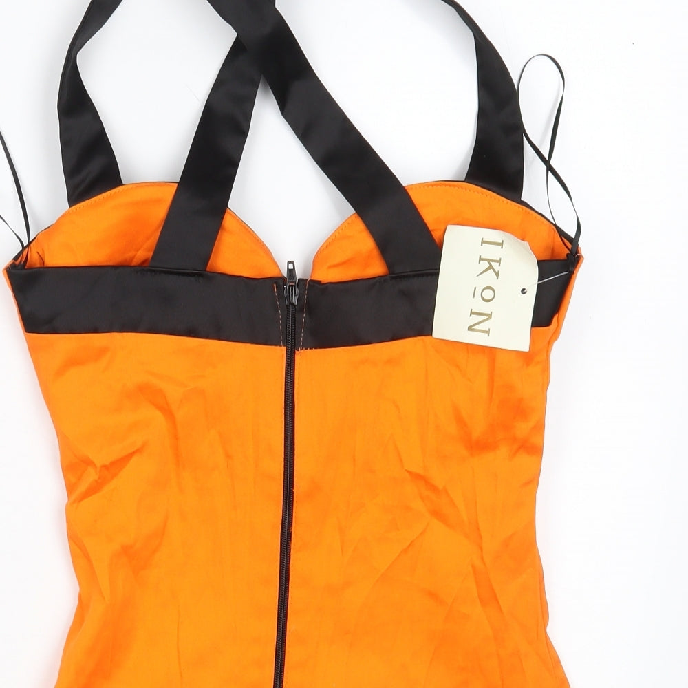 Brand and care label for Ikon women’s orange cropped tank, size UK 10