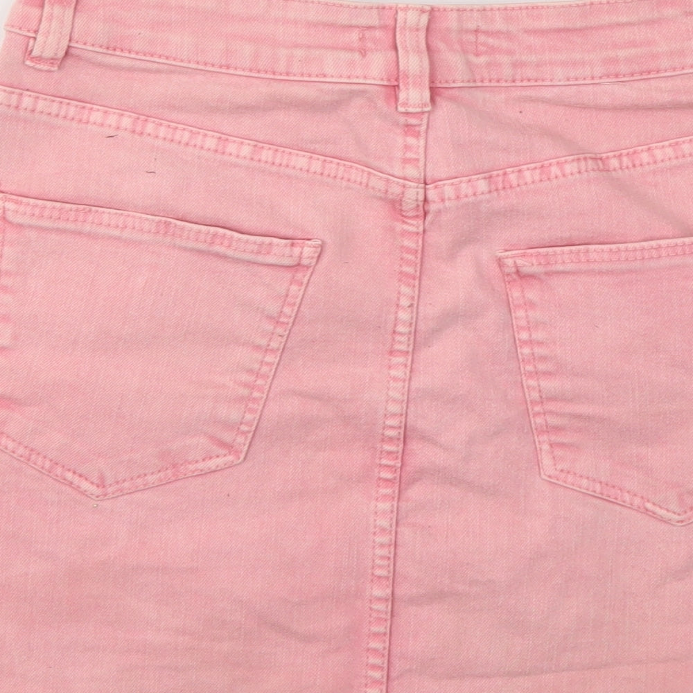 Brand and care label for Bershka women’s pink a-line skirt, size UK 26, in