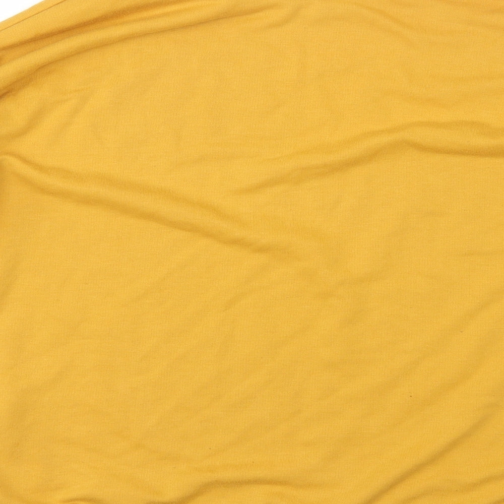 Brand and care label for New Look women’s yellow pullover sweatshirt, size UK 8