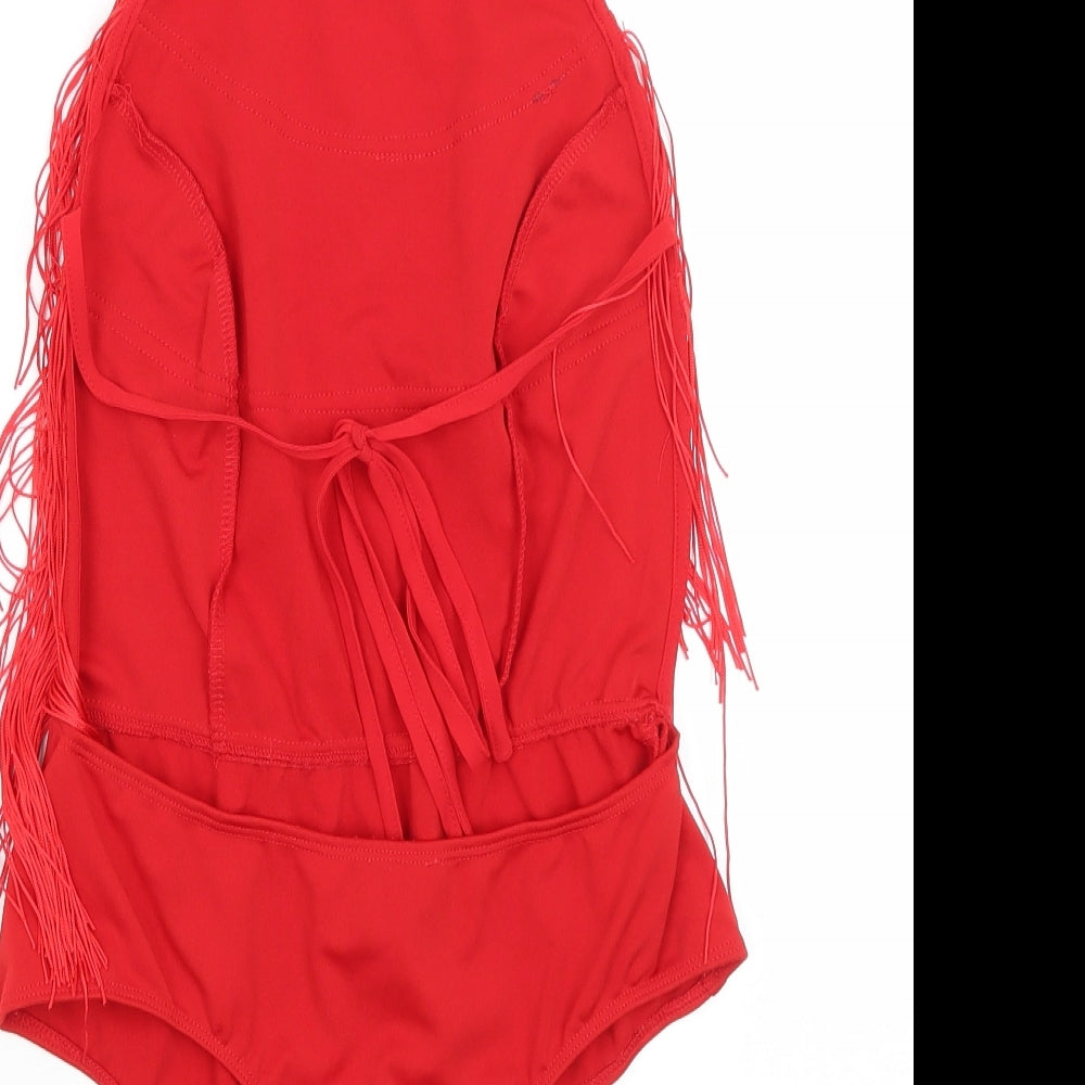 Brand and care label for PRETTYLITTLETHING women’s red bodysuit one-piece, size UK 6
