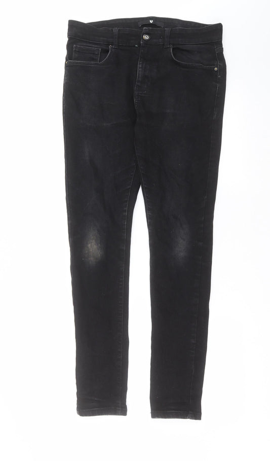 Additional front view of Very women’s black denim skinny jeans, size UK 32, in, 30-inch leg