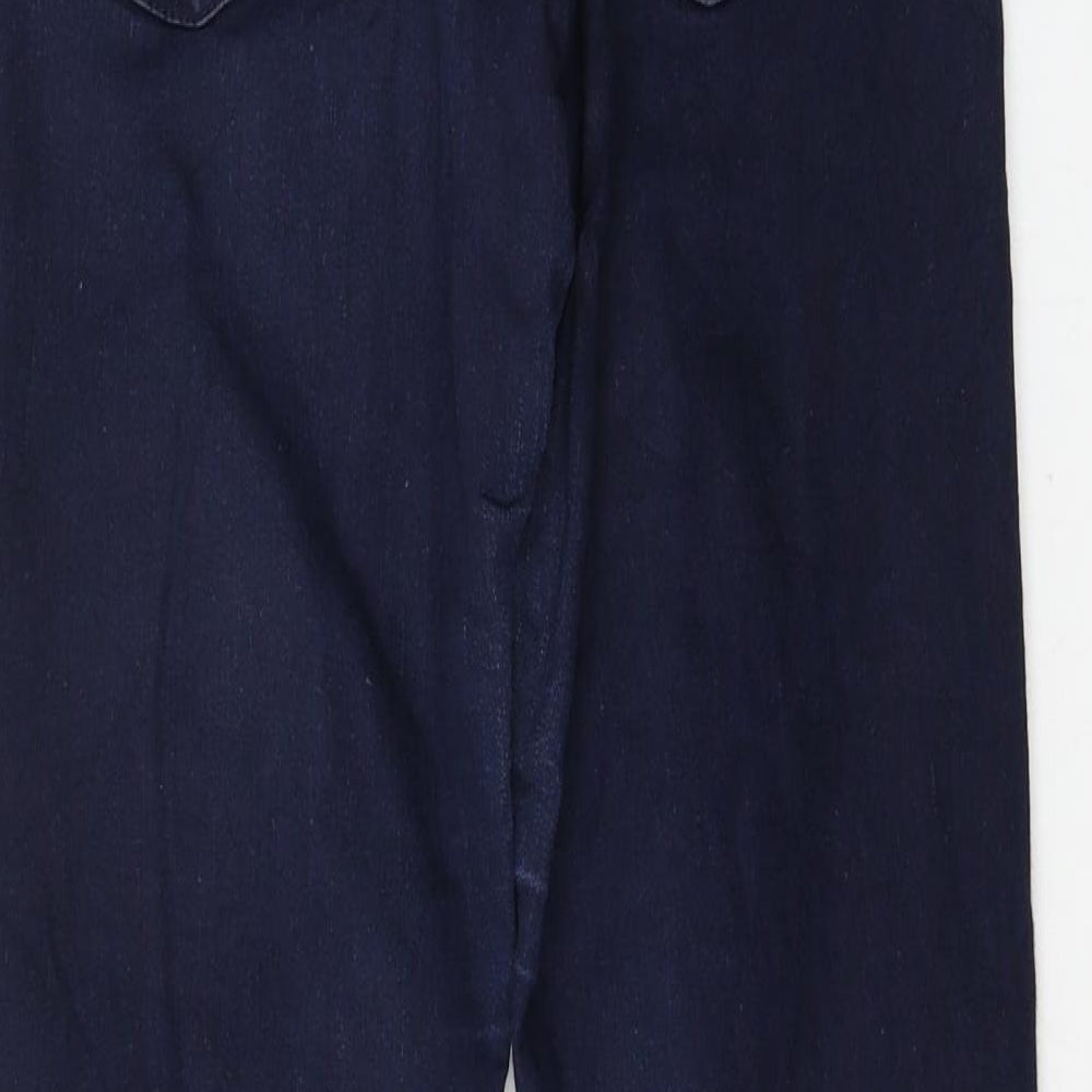 Brand and care label for Never Denim women’s blue denim skinny jeans, size L, 31-inch leg