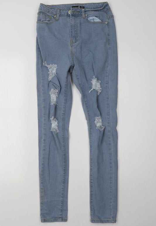 Additional front view of Boohoo women’s blue denim skinny jeans, size UK 6, 32-inch leg