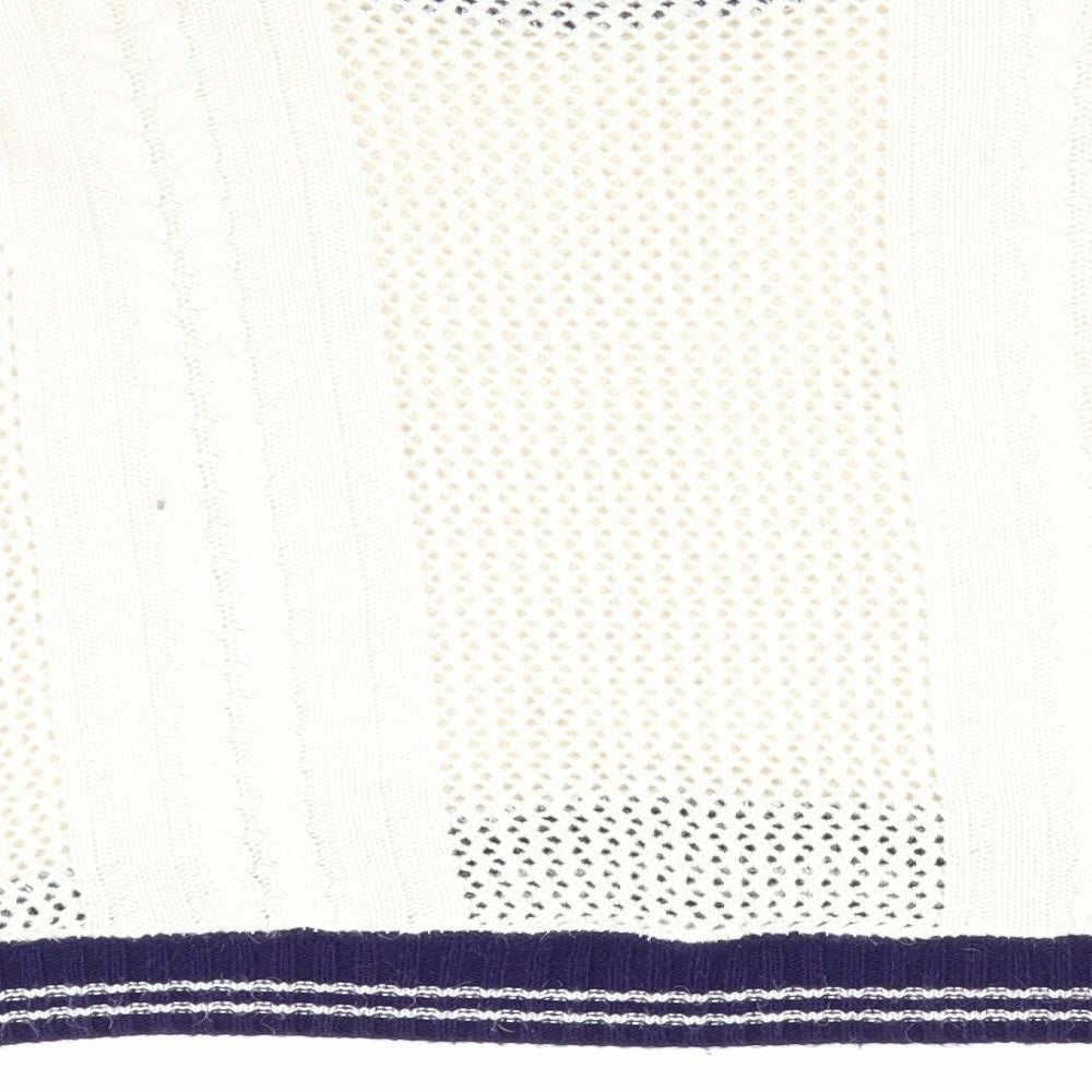 Blonde & Blonde Womens Ivory Pullover Jumper Size 14 - Cable & Open Knit Blue Neck Hem Cuff Trim