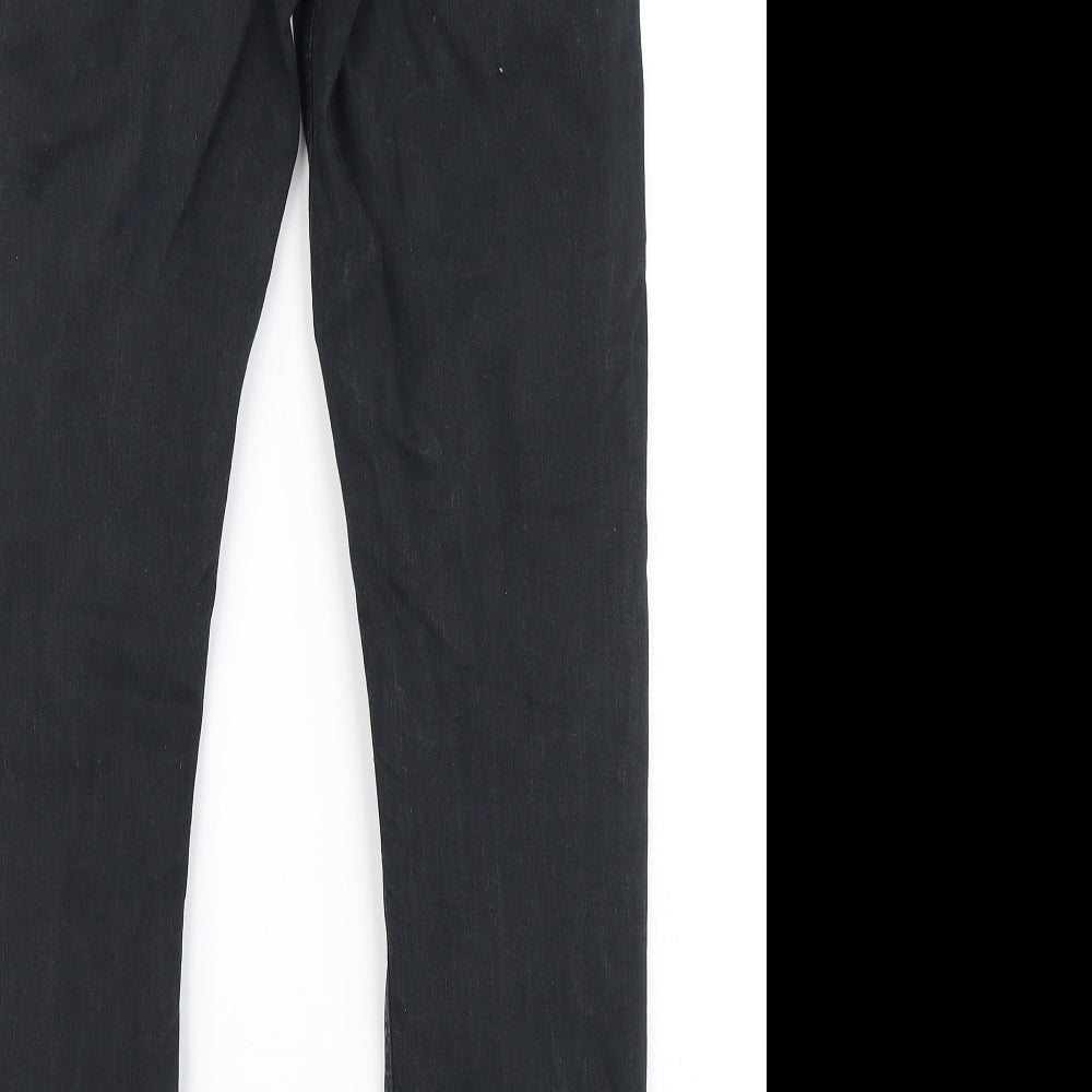 Brand and care label for Topshop women’s black denim skinny jeans, size UK 28, in, 30-inch leg