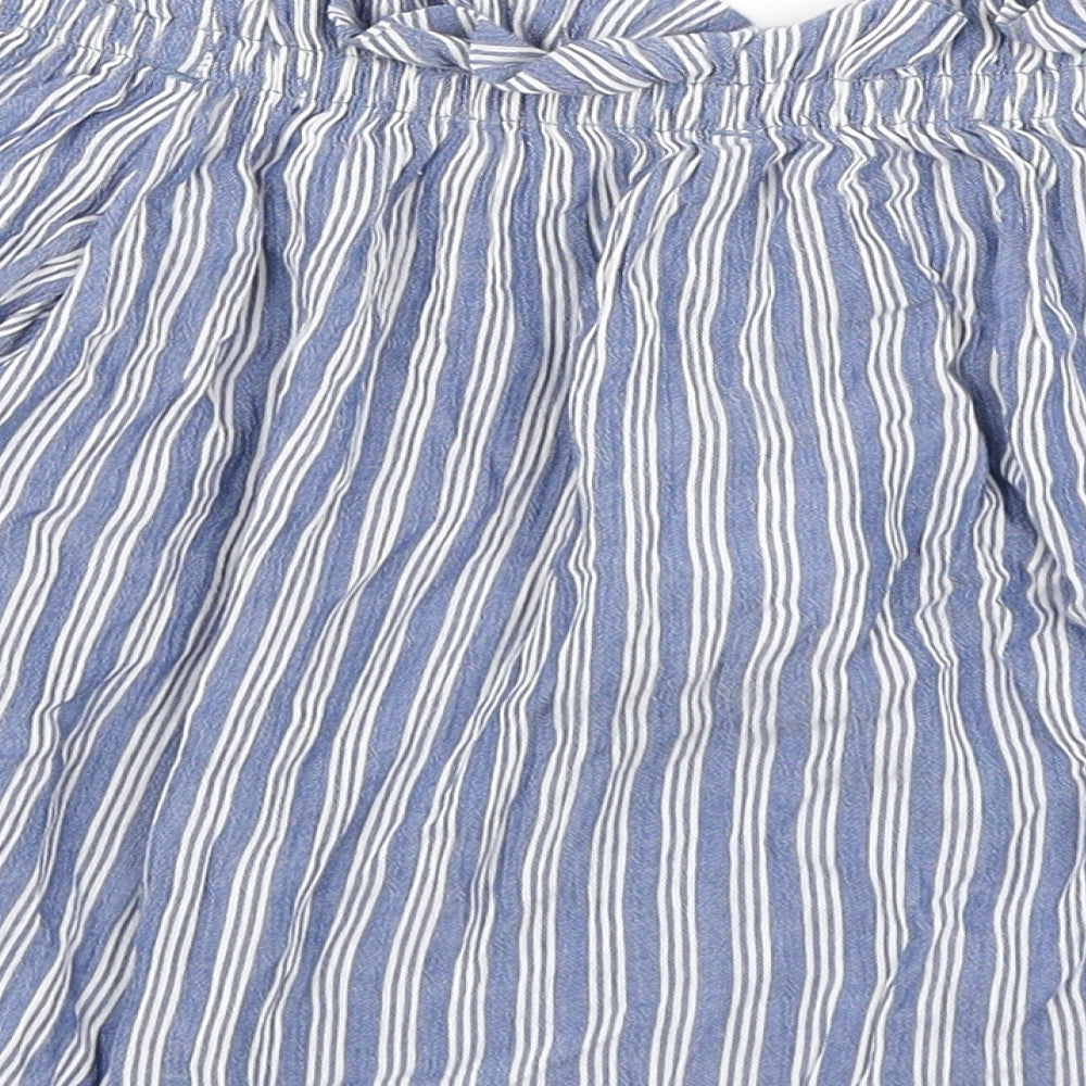 Brand and care label for Bershka women’s blue striped cropped t-shirt, size S