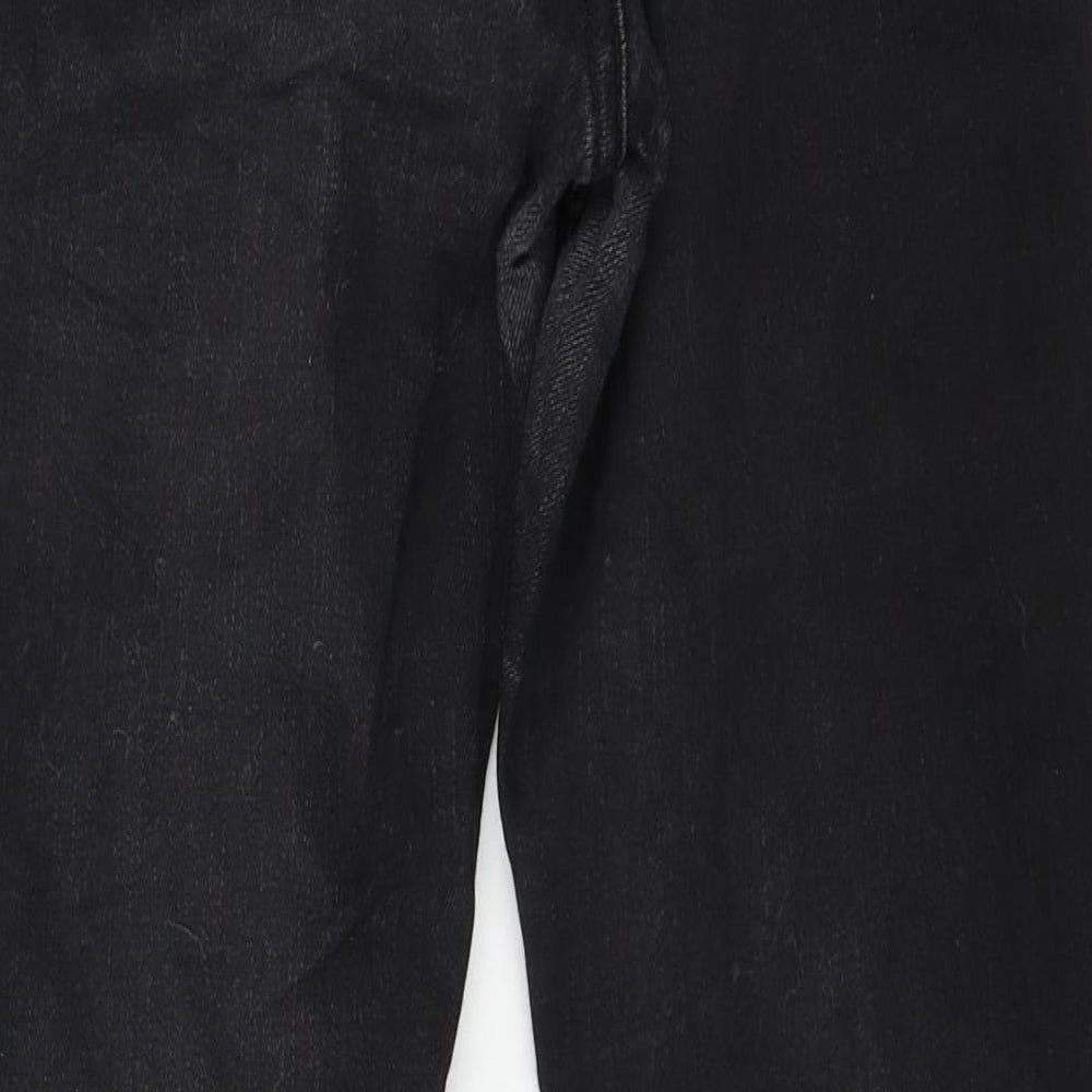 Brand and care label for Bershka women’s black denim skinny jeans, size UK 8, 28-inch leg