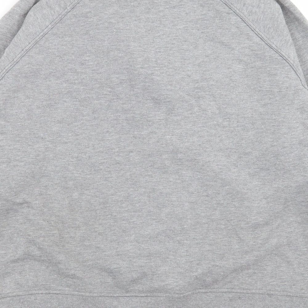 Brand and care label for Amoretti women’s grey pullover sweatshirt, size M