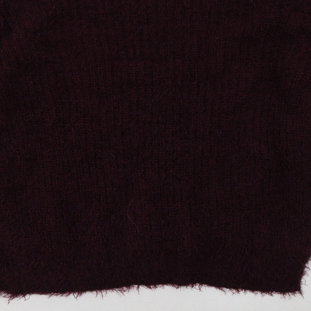 Brand and care label for H&M women’s purple pullover sweatshirt, size M