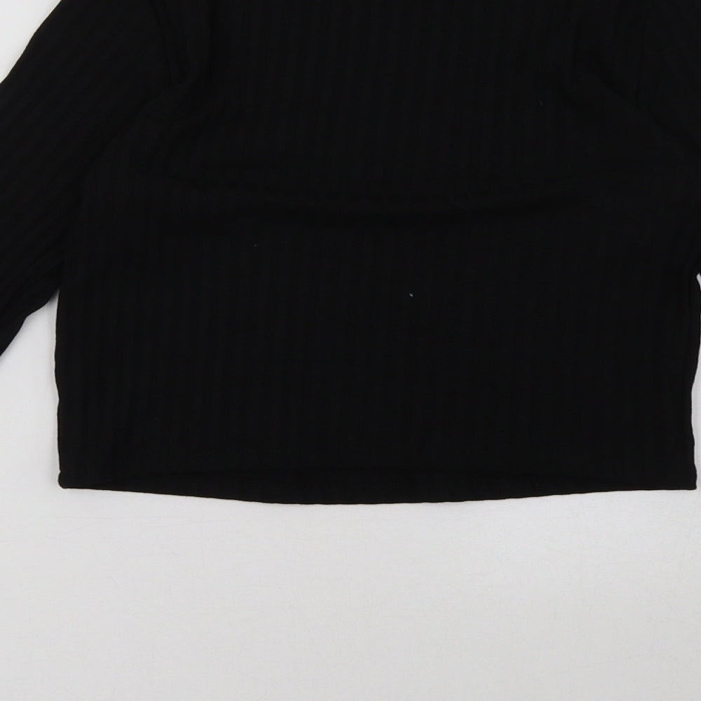 Brand and care label for H&M women’s black pullover sweatshirt, size S