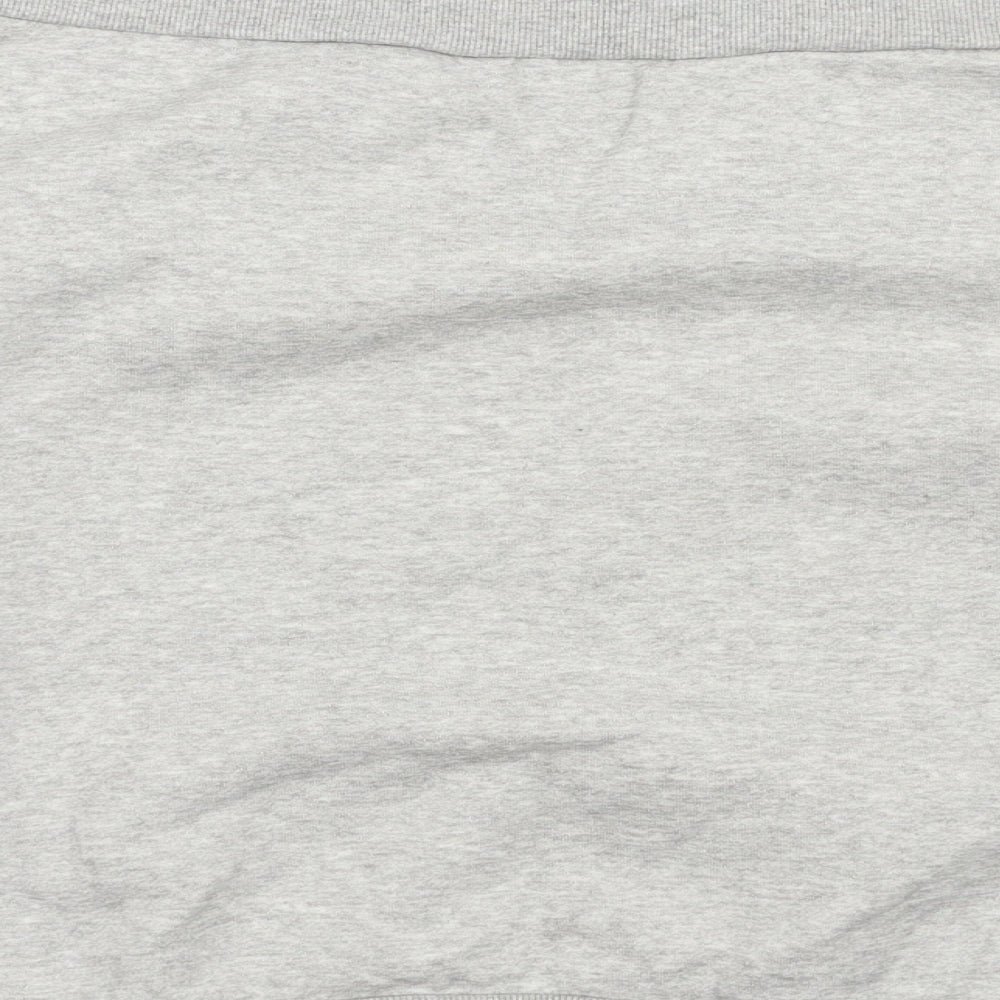 Brand and care label for H&M women’s grey jersey pullover sweatshirt, size L